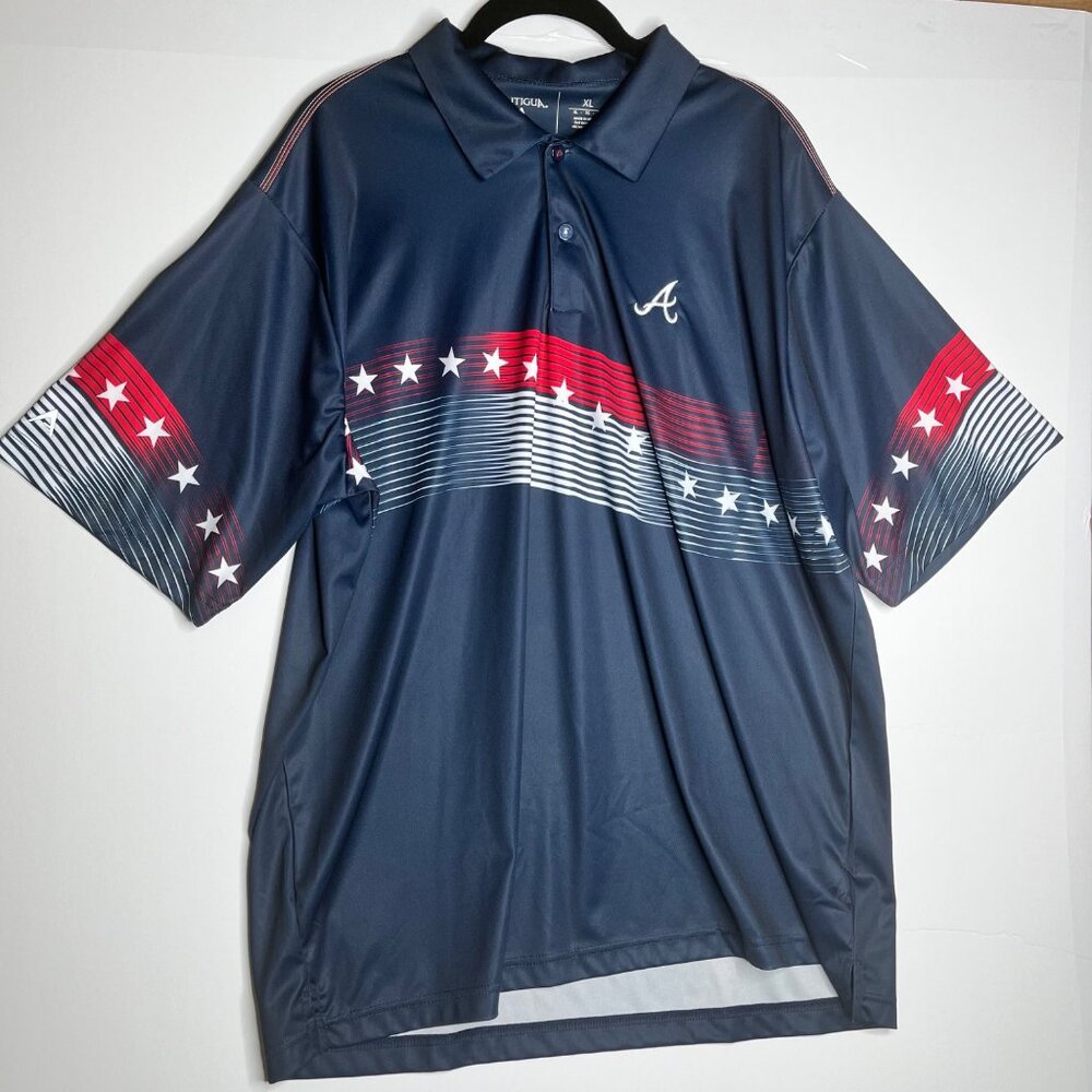 Antigua XL Navy Mens Polo Shirt With Stars & Stripes Pattern - Picture 2 of 4